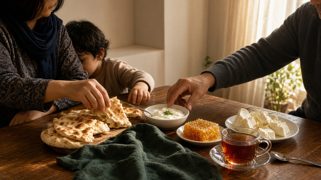 سفره صبح خانواده با نان، ماست، عسل و پنیر، داوری کیفیت روی میز خانه